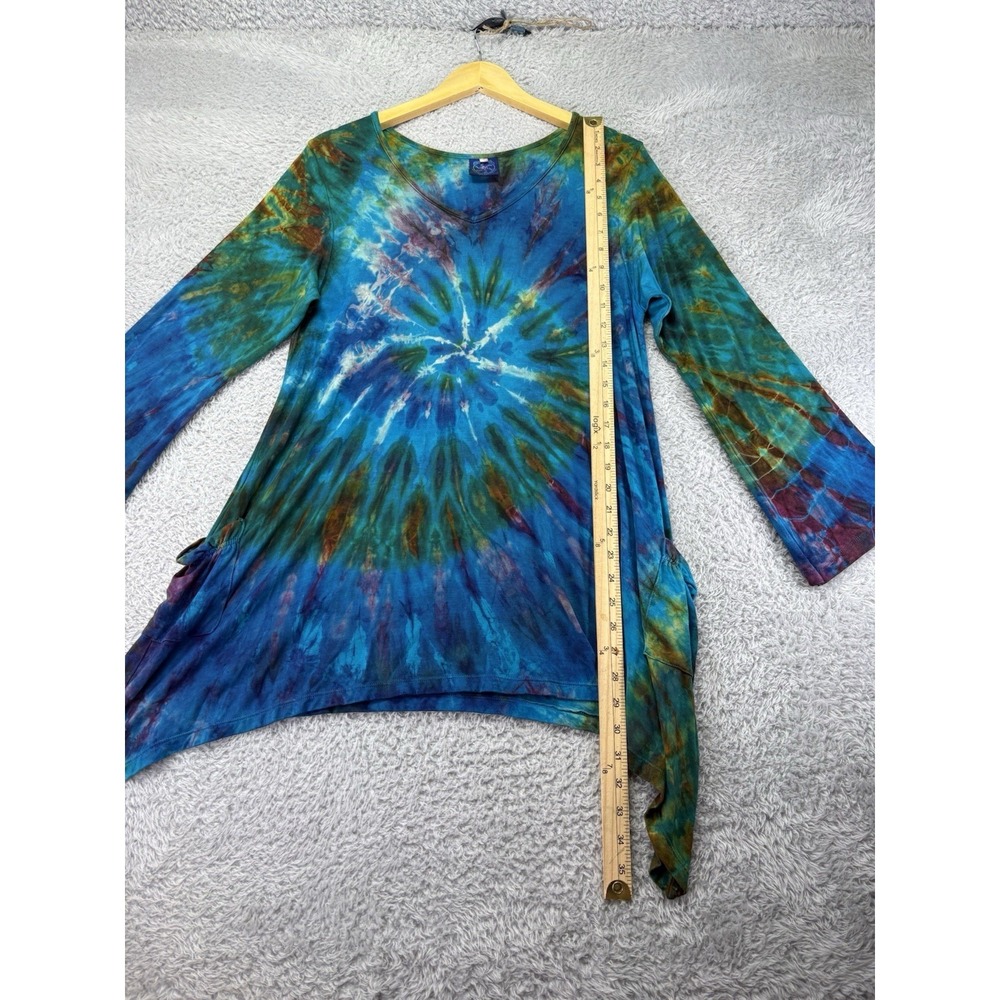 Womens Tie Dye Print Asymmetrical Tunic Top Long Line Pockets V Neck - Picture 7 of 10